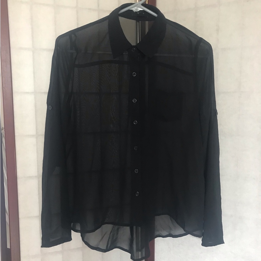 MINE Black Full Sheer Button Down Shirt/Blouse/Top, Size M